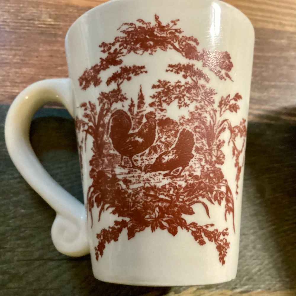 Lovely (set of 2) French Country Burgundy Toille Patterned Rooster Ceramic Mugs